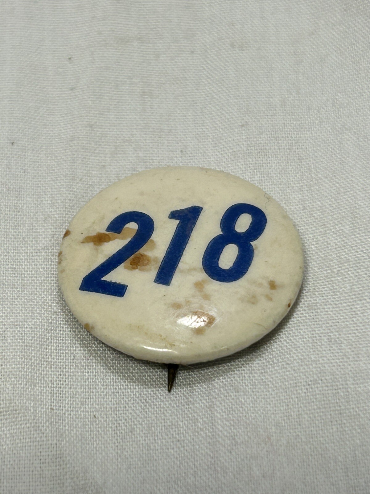 Vtg Antique Number 218 Blue White Political Badge Pinback Button .88”