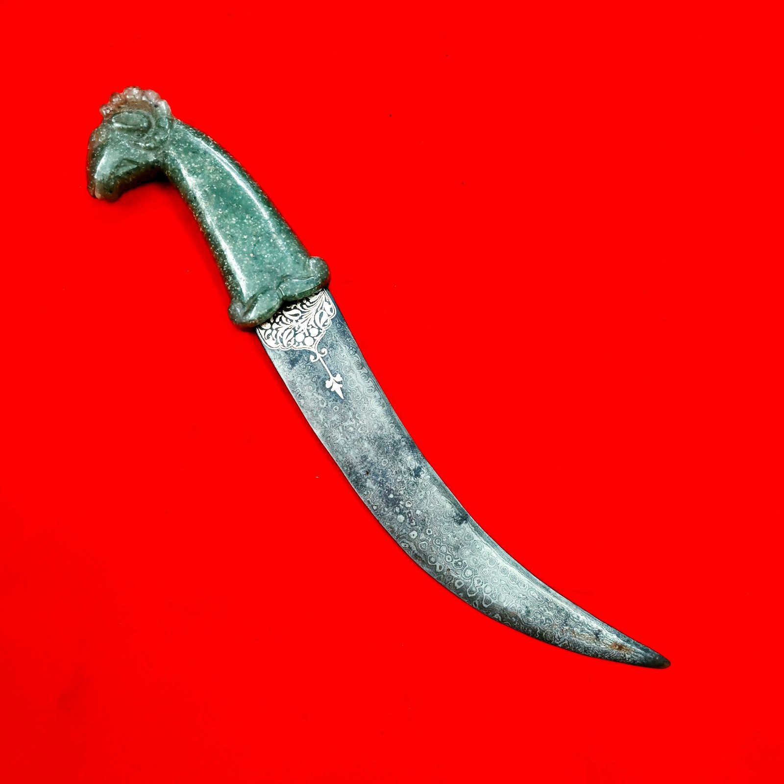 Old Vintage Indo Persian Mughal Islamic Green Jade Silver Damascus Ram Dagger