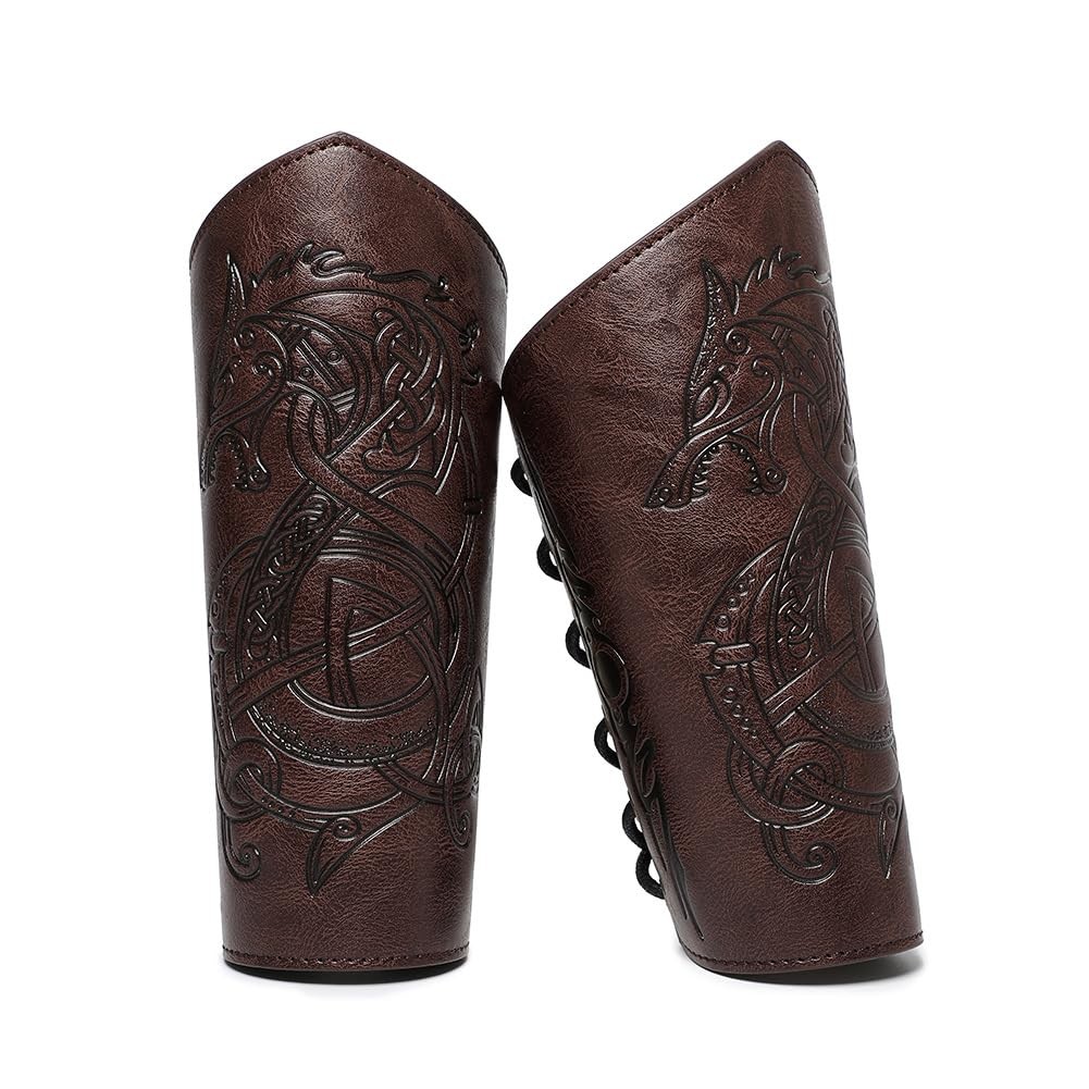 Medieval Leather Bracers Dragon Embossed Viking Leather Bracers Leather Arm A...