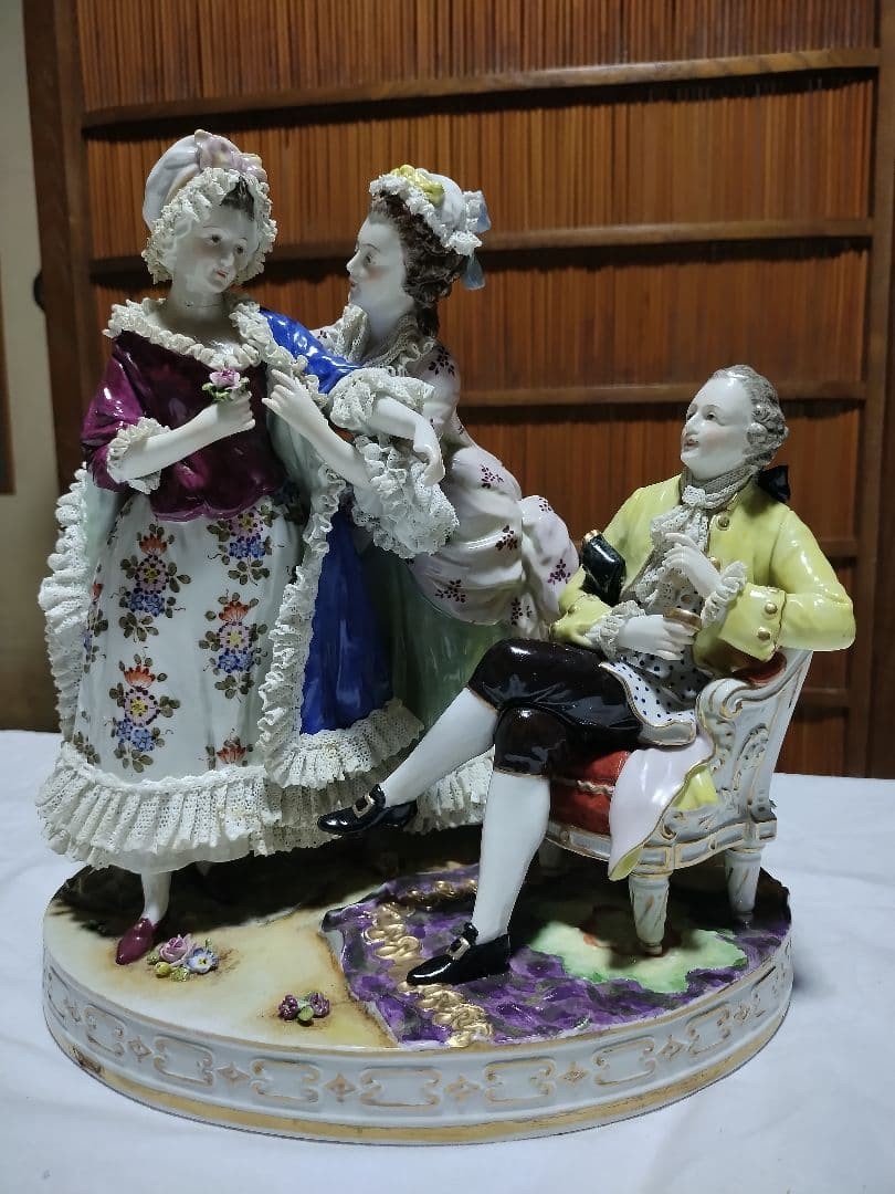 Antique Volkstedt Large Rococo Porcelain Lace Doll Figurine 3 Person Composition