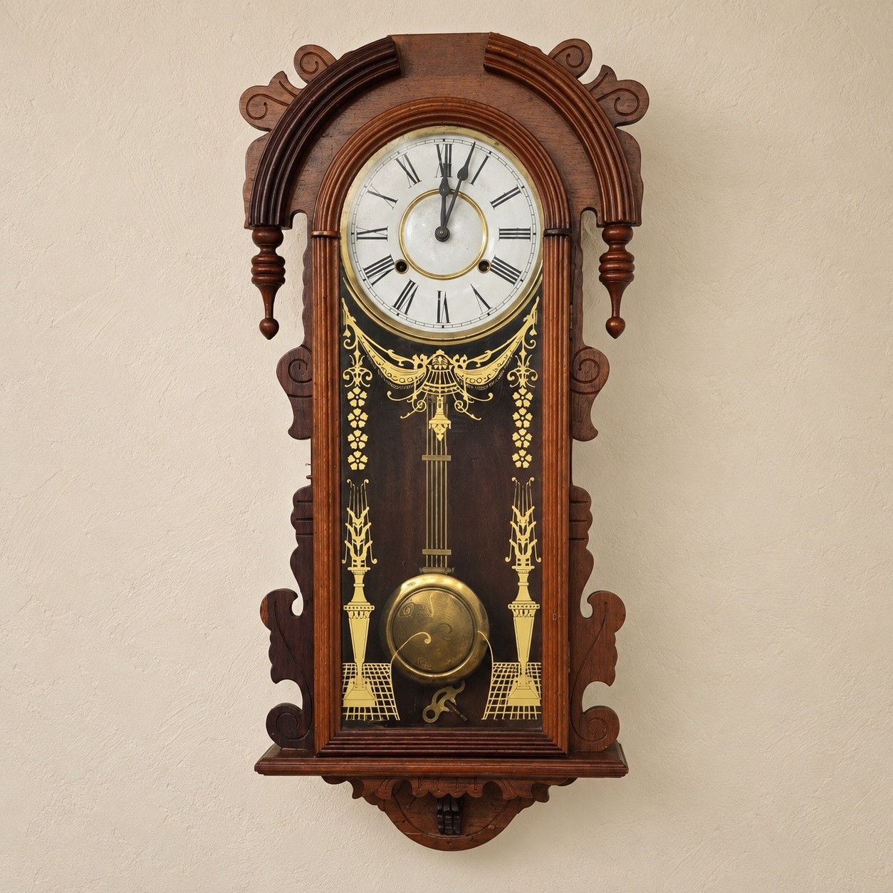 Vintage Vienna Style 8 Day Mechanical Wall Clock Lyre Pendulum With Winding Key