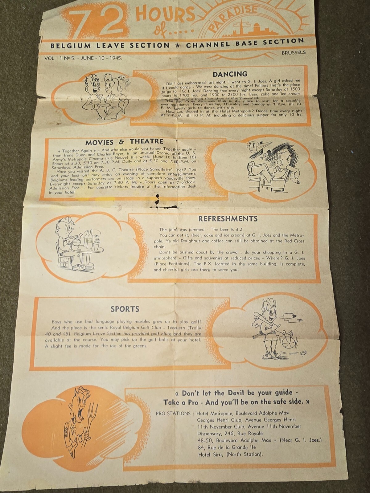 WWII US Army Leave Section Leaflet for Brussels Belgium Dated 1945