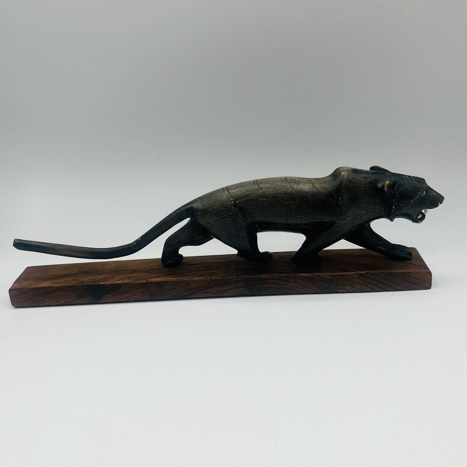 Vintage Black Horn Carved Panther On Wood Base