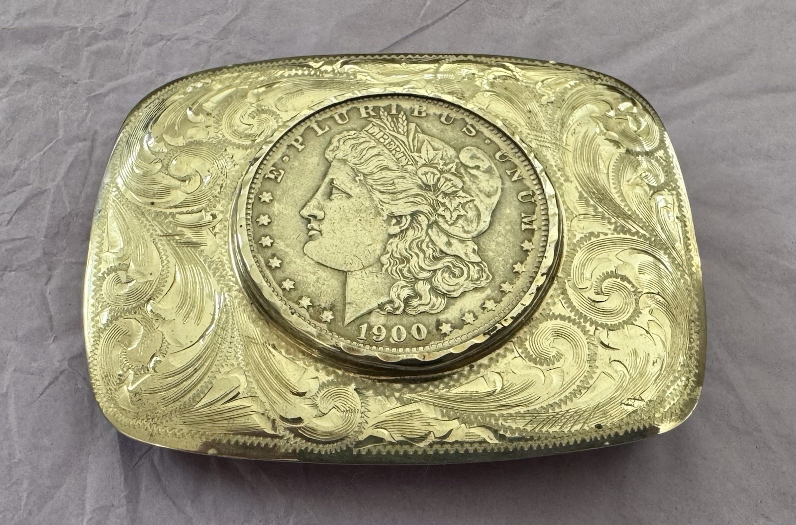 VTG Nevada Hand Engraved Sterling Silver 1900 Morgan Silver Dollar Belt Buckle