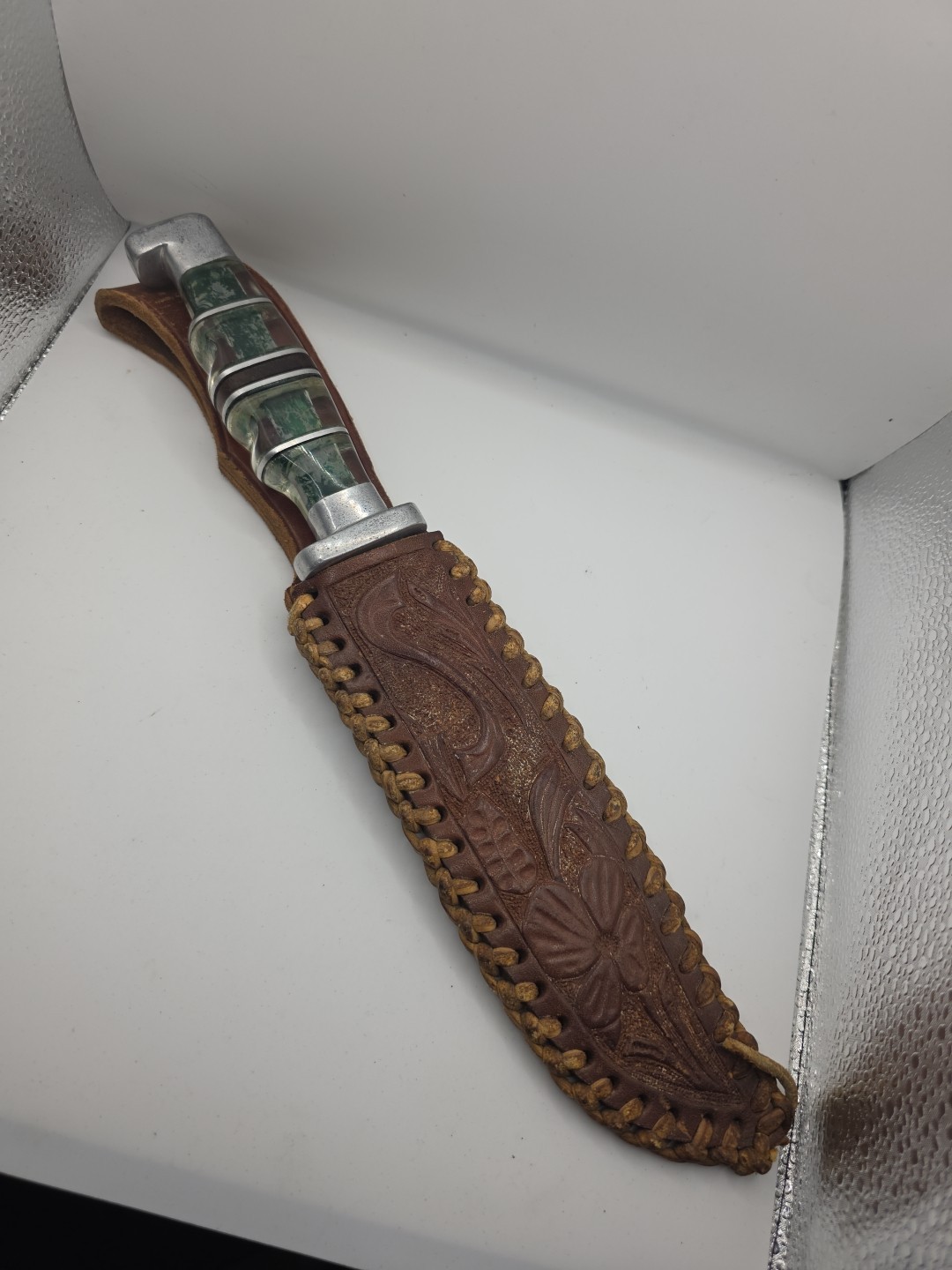 WWII US Theater Knife - Custom AircraftLucite Handle - Philippine Tooled Sheath WWII US Theater Knife - Custom AircraftLucite Handle - Philippine Tooled Sheath
