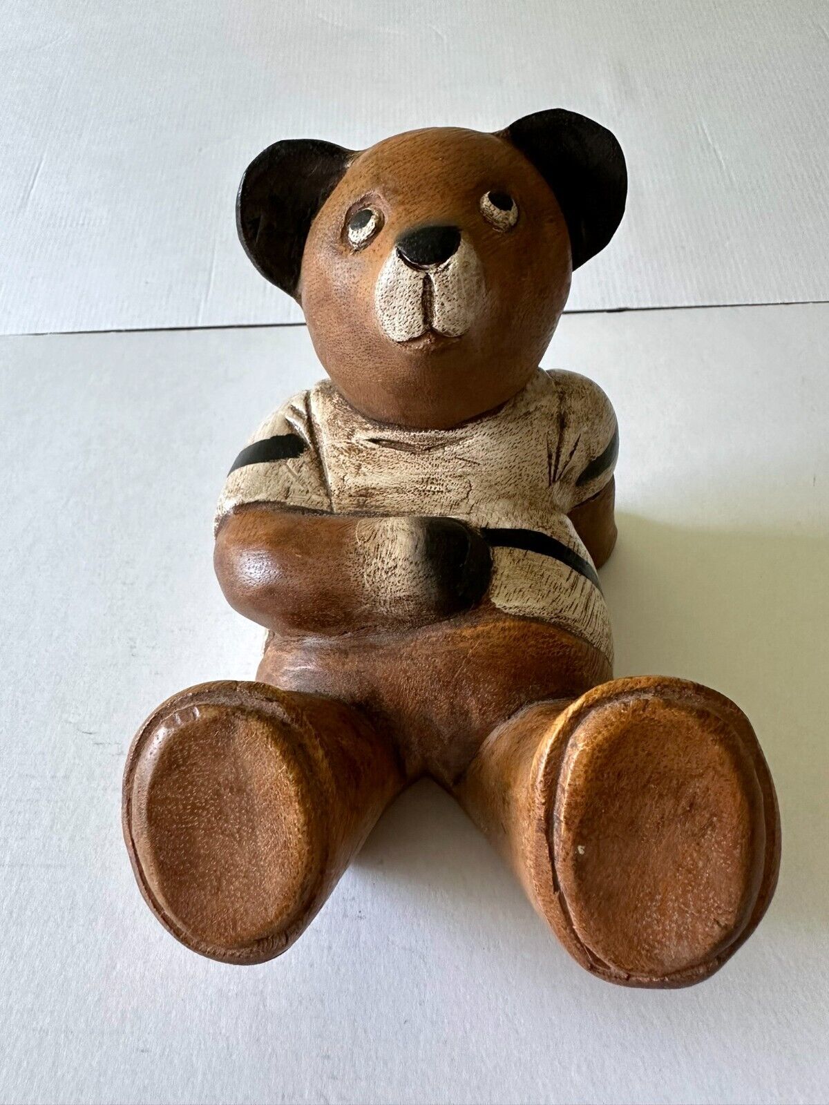 Wooden teddy bear sculpture 5.5 inches tall figurine Handmade painted carving