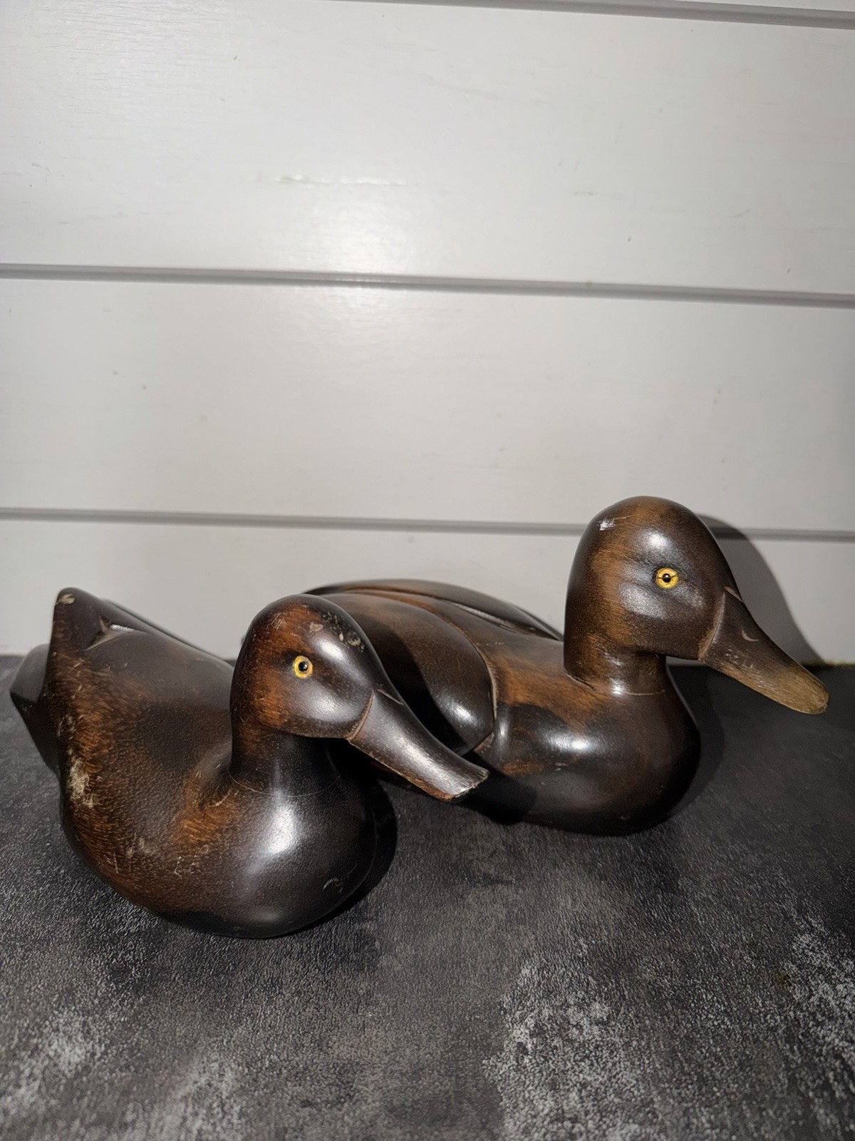 Vintage Pair Of Hand Carved Wooden Ducks