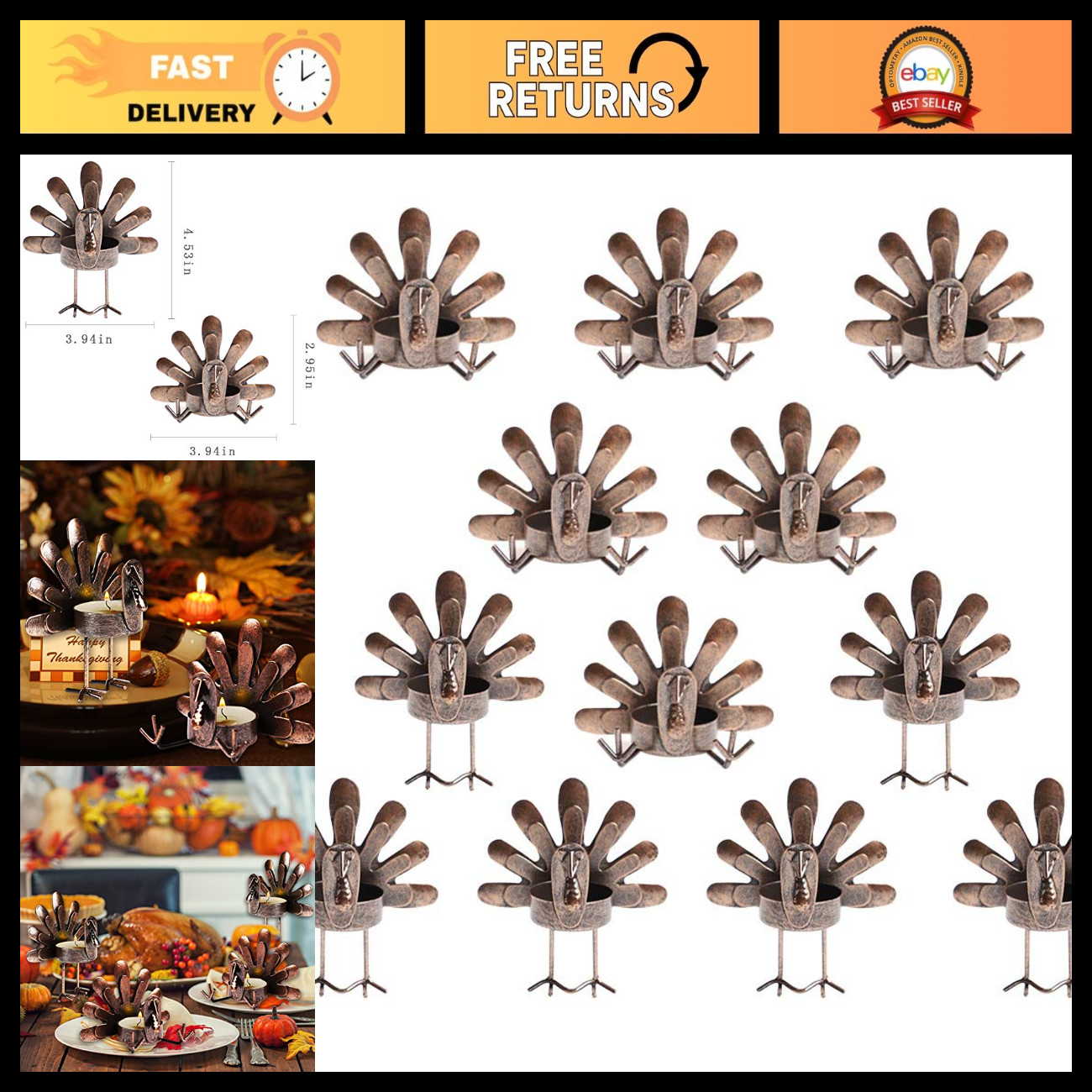 12 Pack Turkey Tealight Candle Holders Set - Rustic Thanksgiving Decor, Fall Cen