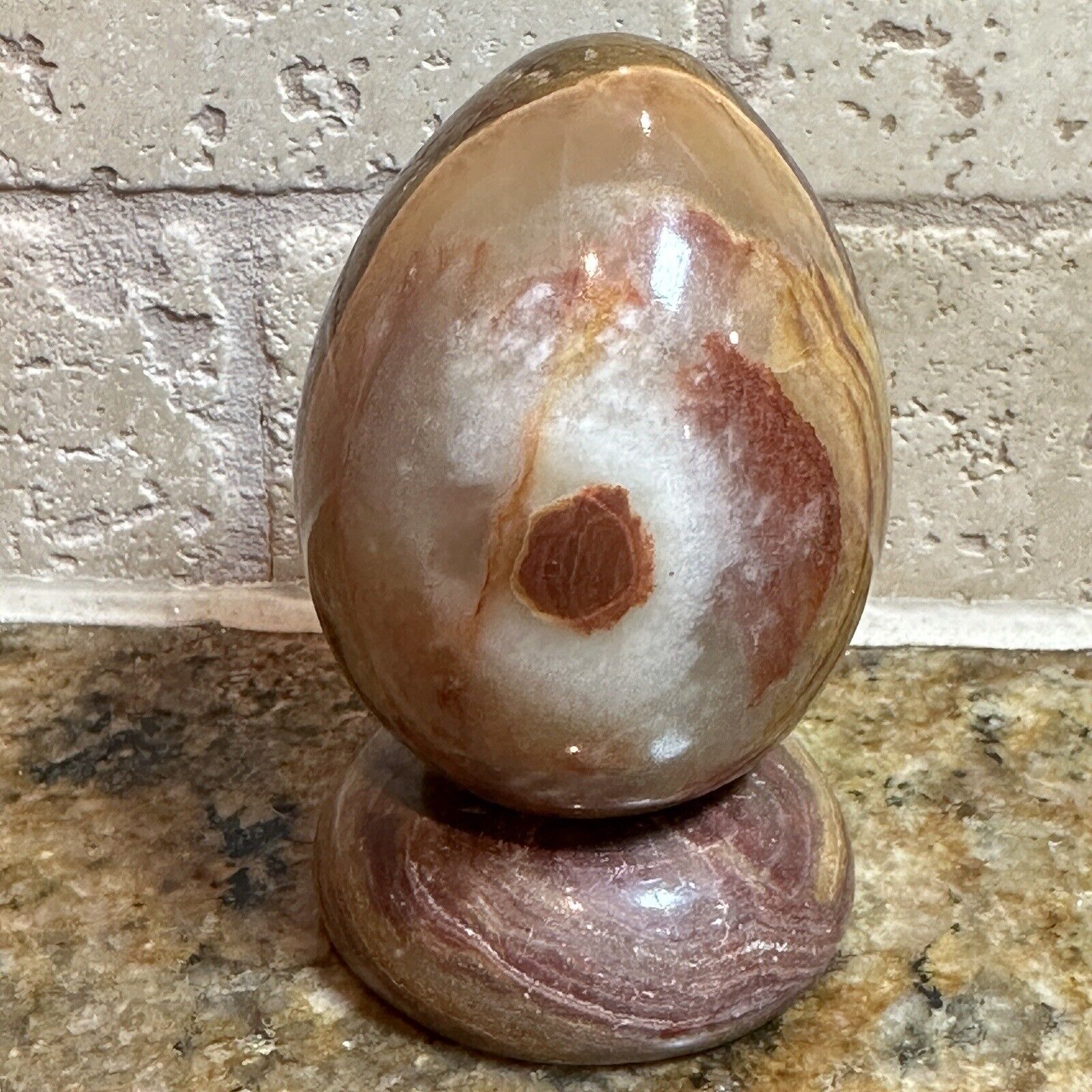 VTG Polished Egg Onyx Stone Rock Banded Multicolor Lace With Matching Base