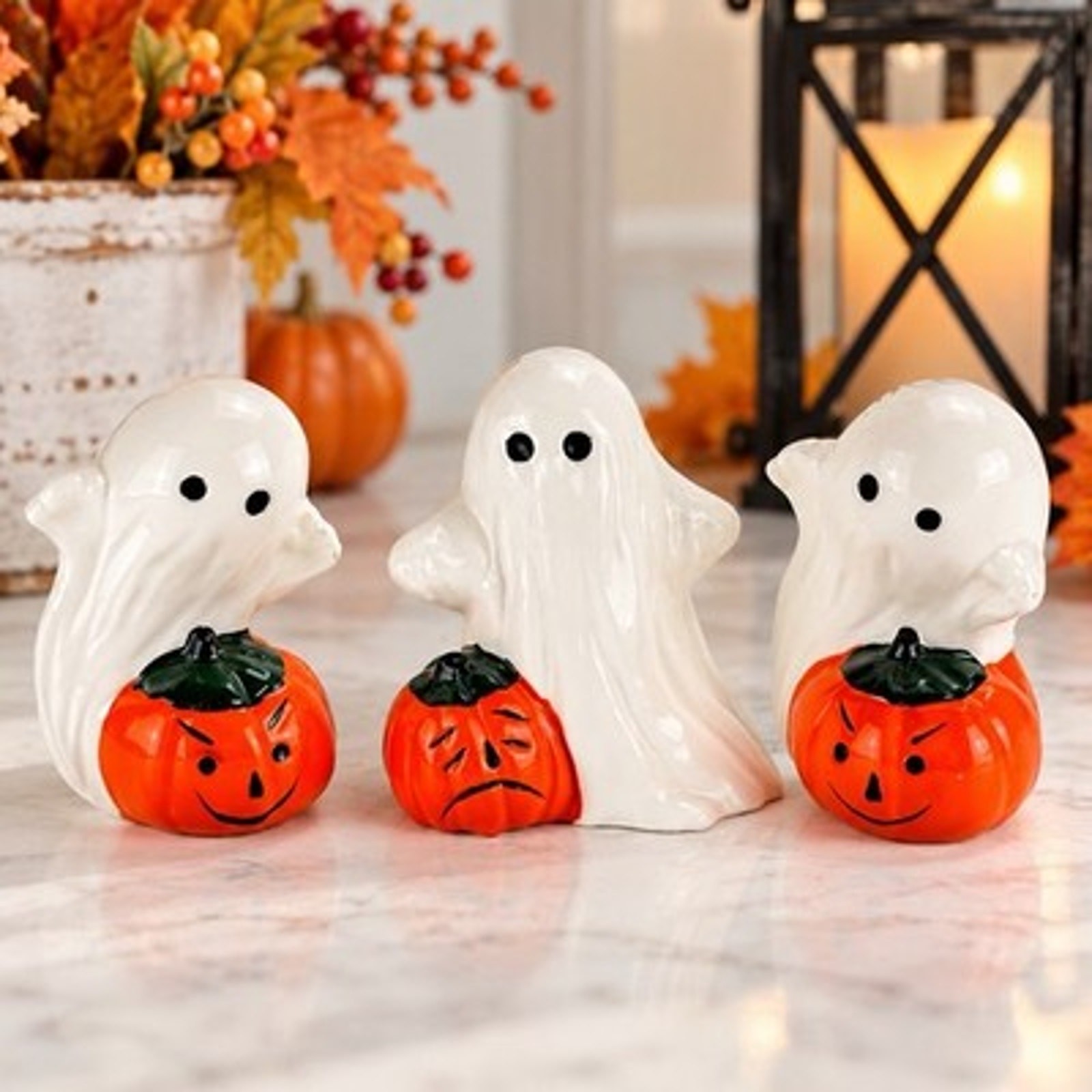 Vintage Flambro Bone China Halloween Ghost Pumpkin Figurines Set of 3 Taiwan