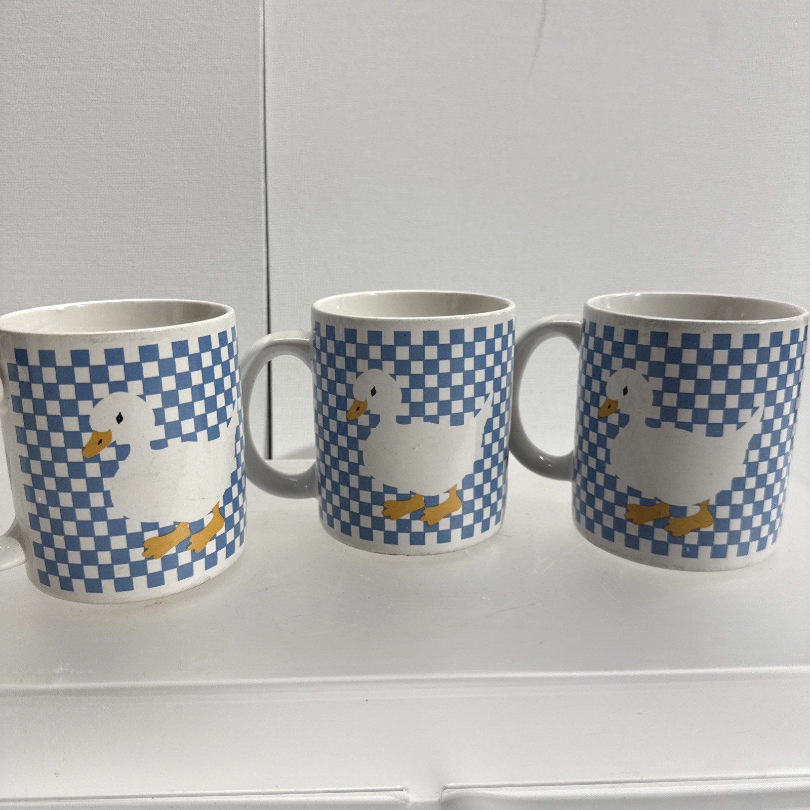 Vintage K.I.C. Coffee Cup Mug Blue & White Checkerboard with Duck - Set Of Three