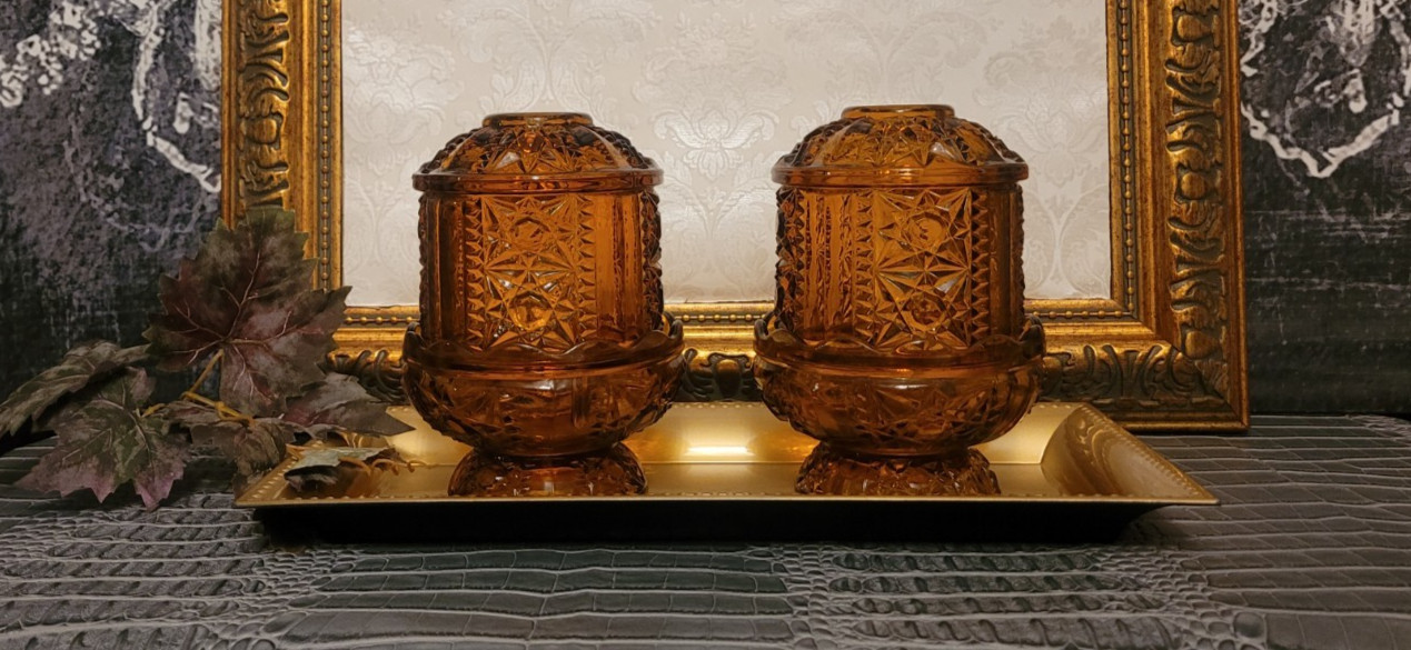 Set of 2 Indiana Amber Glass Fairy Lamps Stars & Bars
