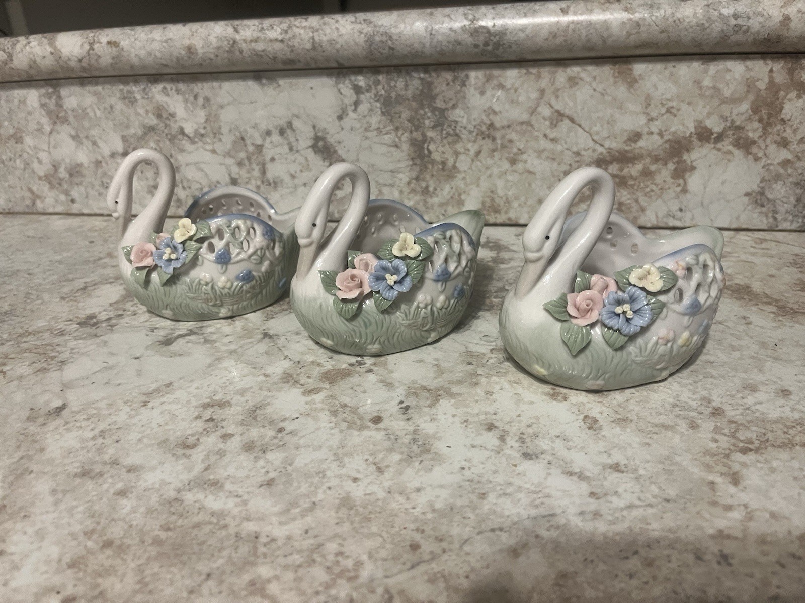 Vintage Porcelain White Swan Applied Delicate Flowers Trinket Vase Planters X3 Vintage Porcelain White Swan Applied Delicate Flowers Trinket Vase Planters X3