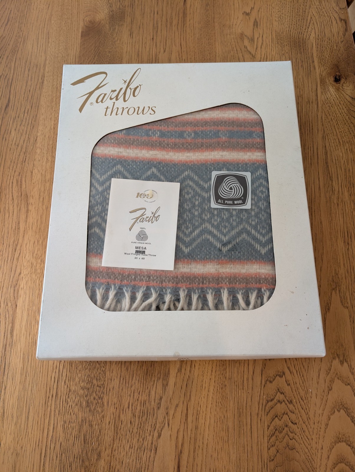 Vintage FARIBO MESA 100% Virgin Wool Throw Blanket 50x60 Fringed NOS Box USA