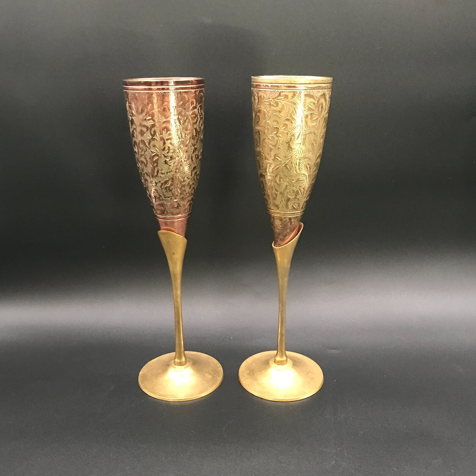 2 Vtg Handcrafted Copper Brass Champagne Flutes Glasses 9.5\