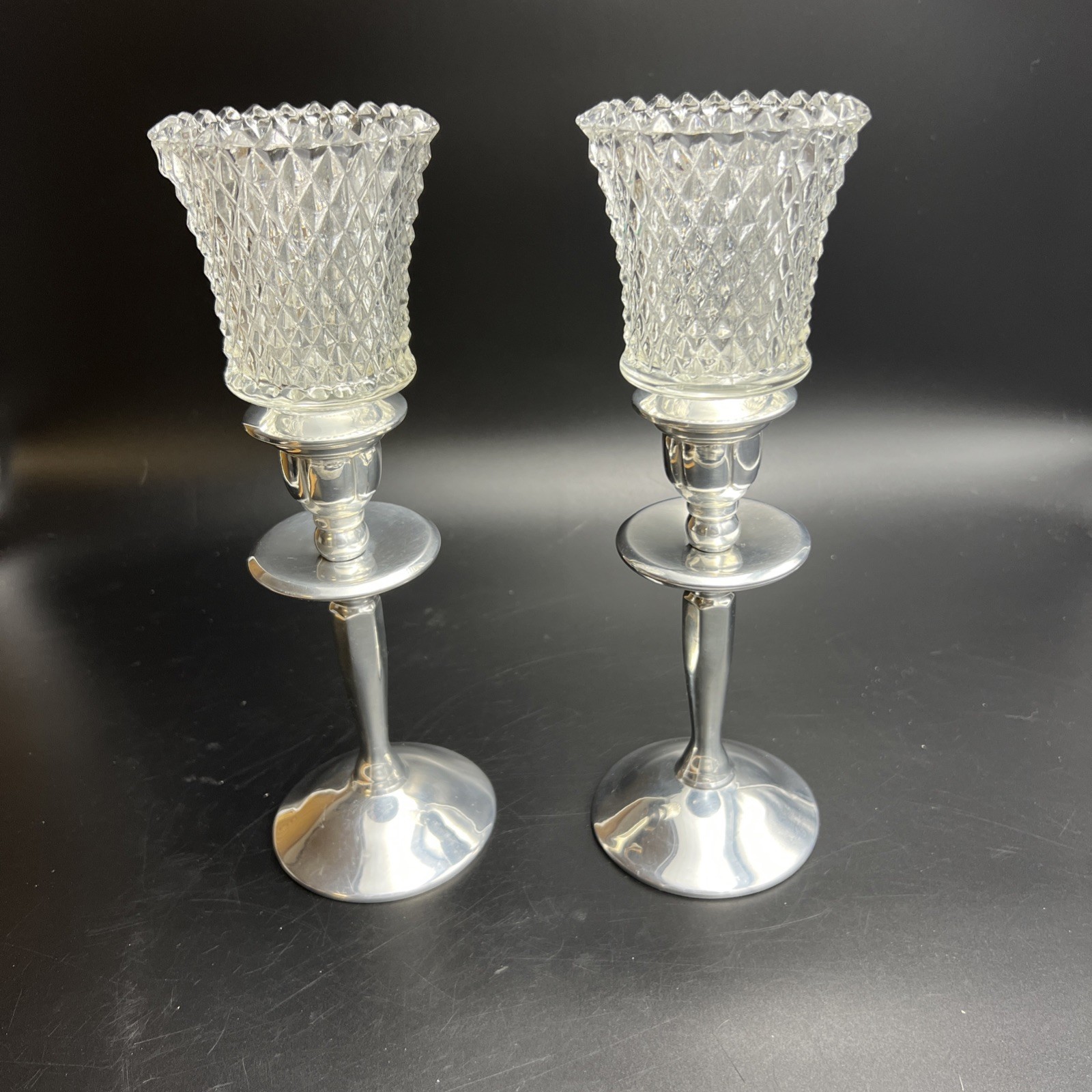 Plator Silverstone Silver-Tone Stems With Diamond Glass Candleholders Set-2 Vtg