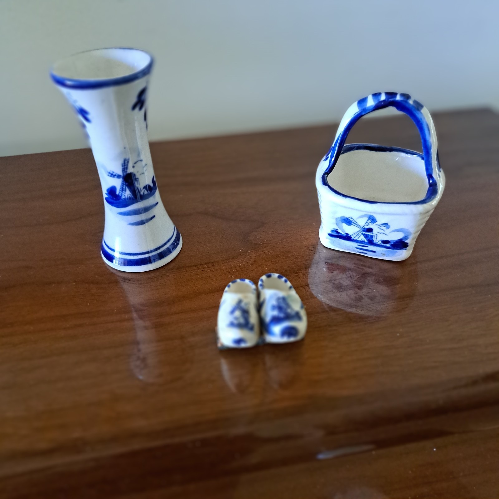 Vintage Lot 3 Dutch Delft Blue & White Mini Vase Mini Basket Mini Dutch Shoes