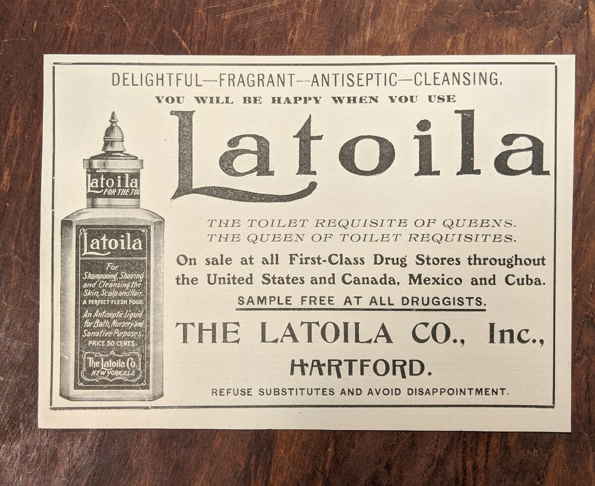 1904 Latoila Print ad Toilet Requisite Hartford CT. 