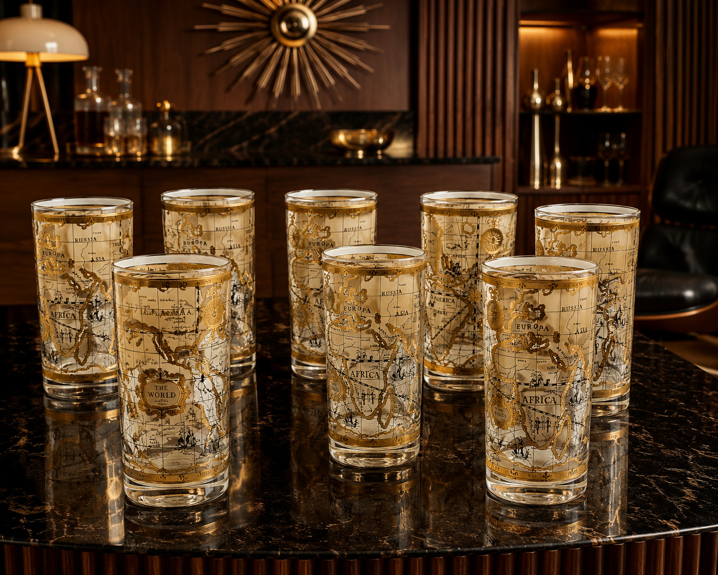 Vintage Lot 8 x Cera 22K Gold Old World Map Highball Glasses MCM Barware 1960s