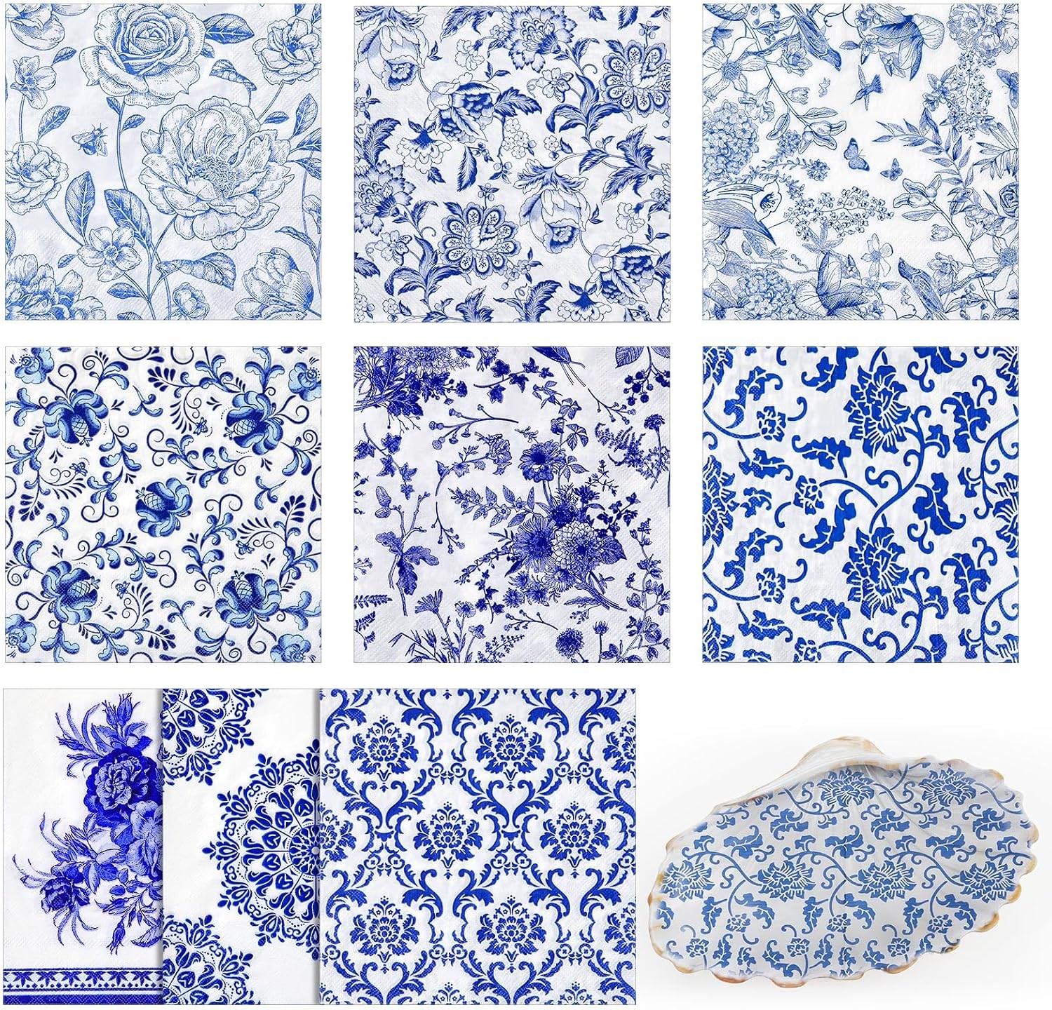 36 Pack 9 Styles Decoupage Napkins Blue White Chinoiserie 13 Inch