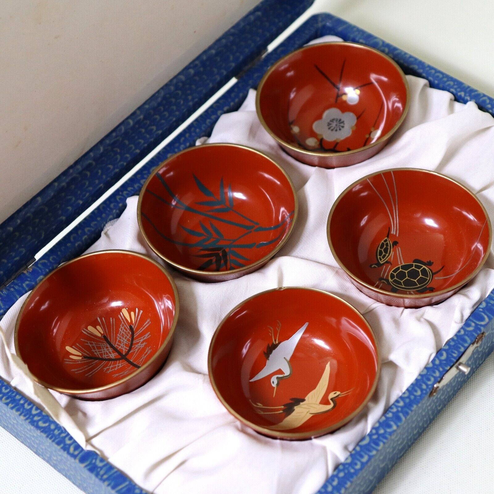 Vintage 1968 Japanese Lucky Symbols Lacquer Sake Cups Set