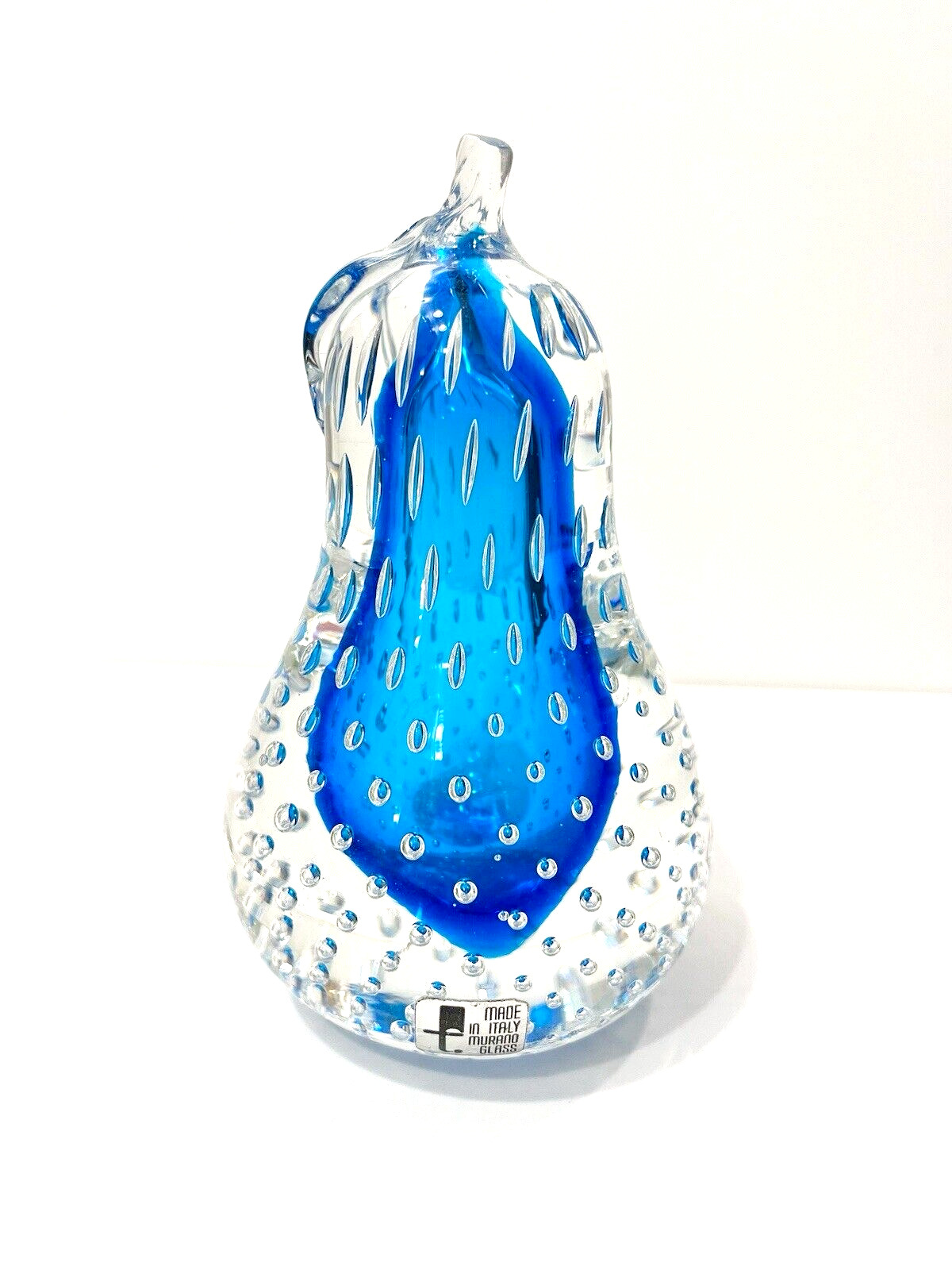 Vintage Murano Glass Fratelli Toso Labeled Bullicante Sommerso Blue Pear