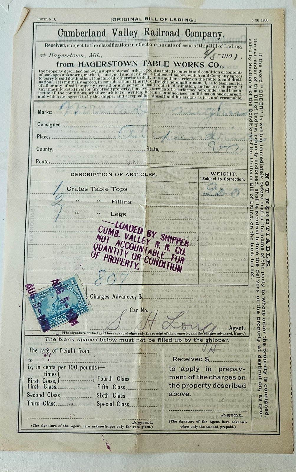 1901 Cumberland Valley Railroad Bill of Lading Hagerstown Table Co Alexandria VA