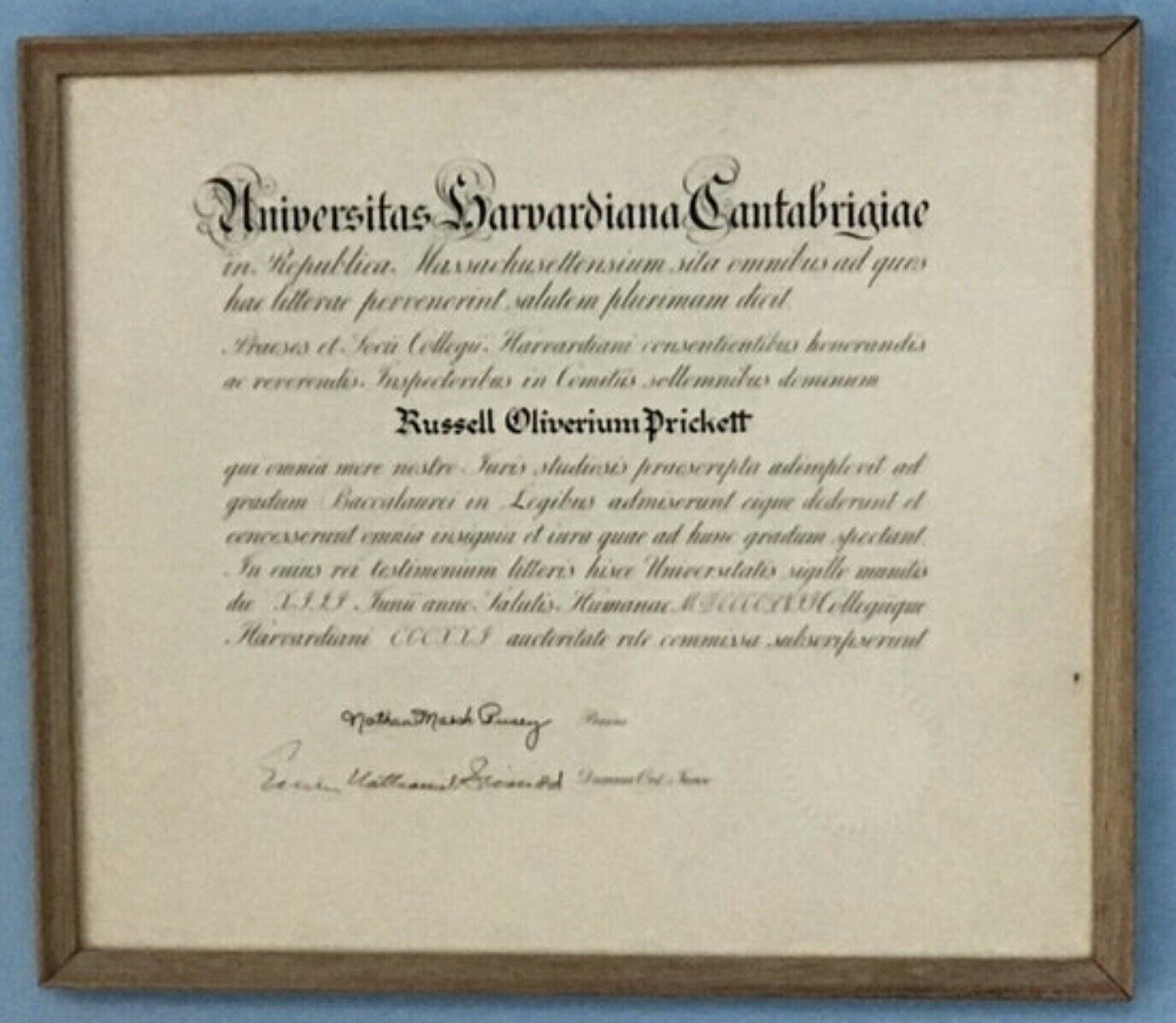Harvard Law School Diploma Awarded in 1957, Hand Signed by Nathan Marsh Pusey