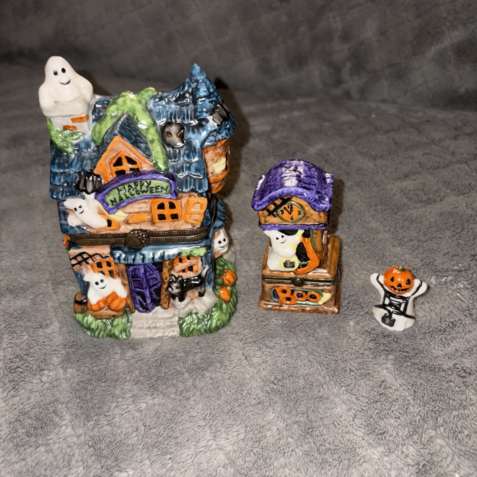 VTG Haunted House Manor Hinged Trinket Box Halloween Ghost Boo Nesting 3 Piece