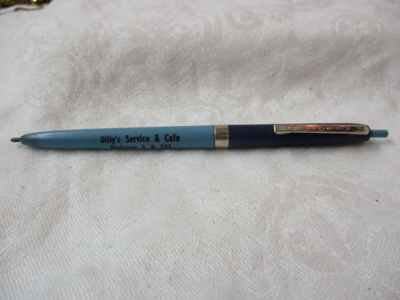 Vintage RiteOGraph Ballpoint Pen 2 tone blue Advertising Dilly\'s Service Cafe NE