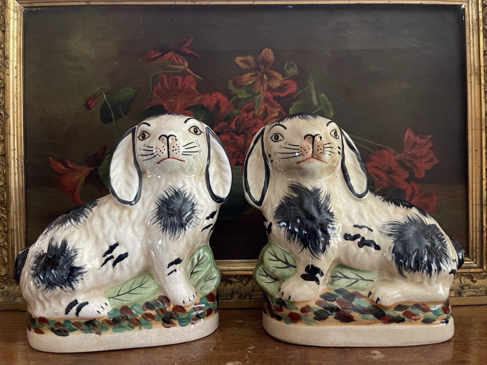 Pair Staffordshire Style 2 Bunny Rabbit Painted Figurines Statues Blue 6.5 Pair Staffordshire Style 2 Bunny Rabbit Painted Figurines Statues Blue 6.5