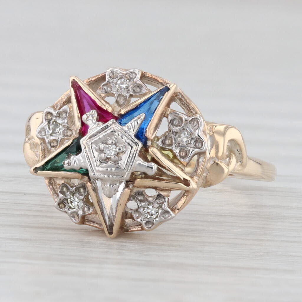 Vintage Order Eastern Star Masonic Ring 10k Gold Diamonds Lab Created Gemstones