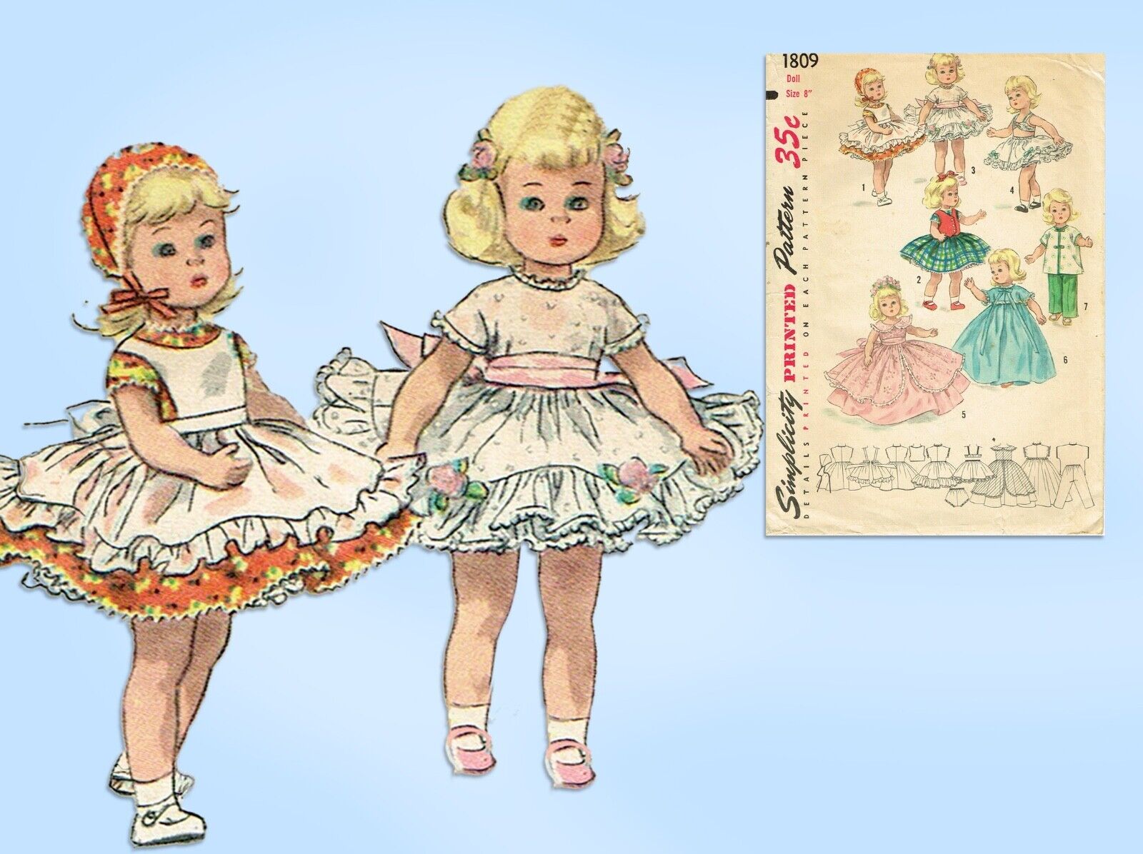 1950s Original Vintage Simplicity Pattern 1809 Cute 8 Inch Ginny Doll Clothes