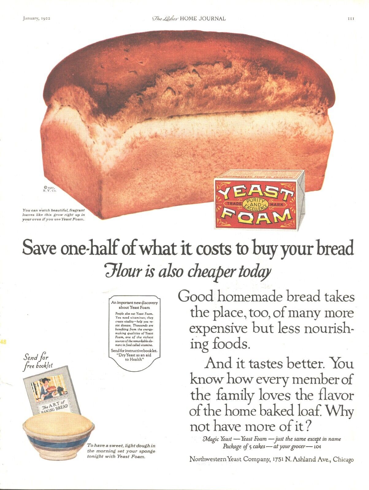 1922 Northwestern Yeast Foam Antique Print Ad Baked Bread Free Booklet