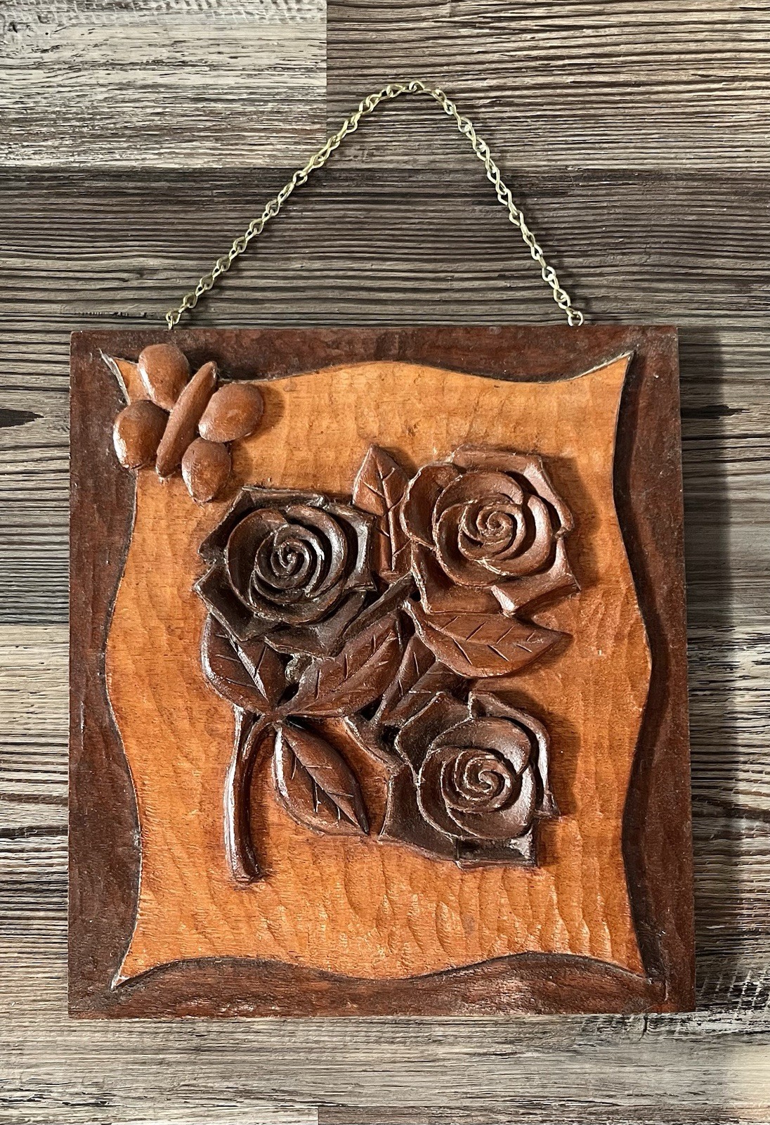 Vntg MCM Wooden Rose Flower Carving Hanging Wall Art Grannycore Woodworking Pic