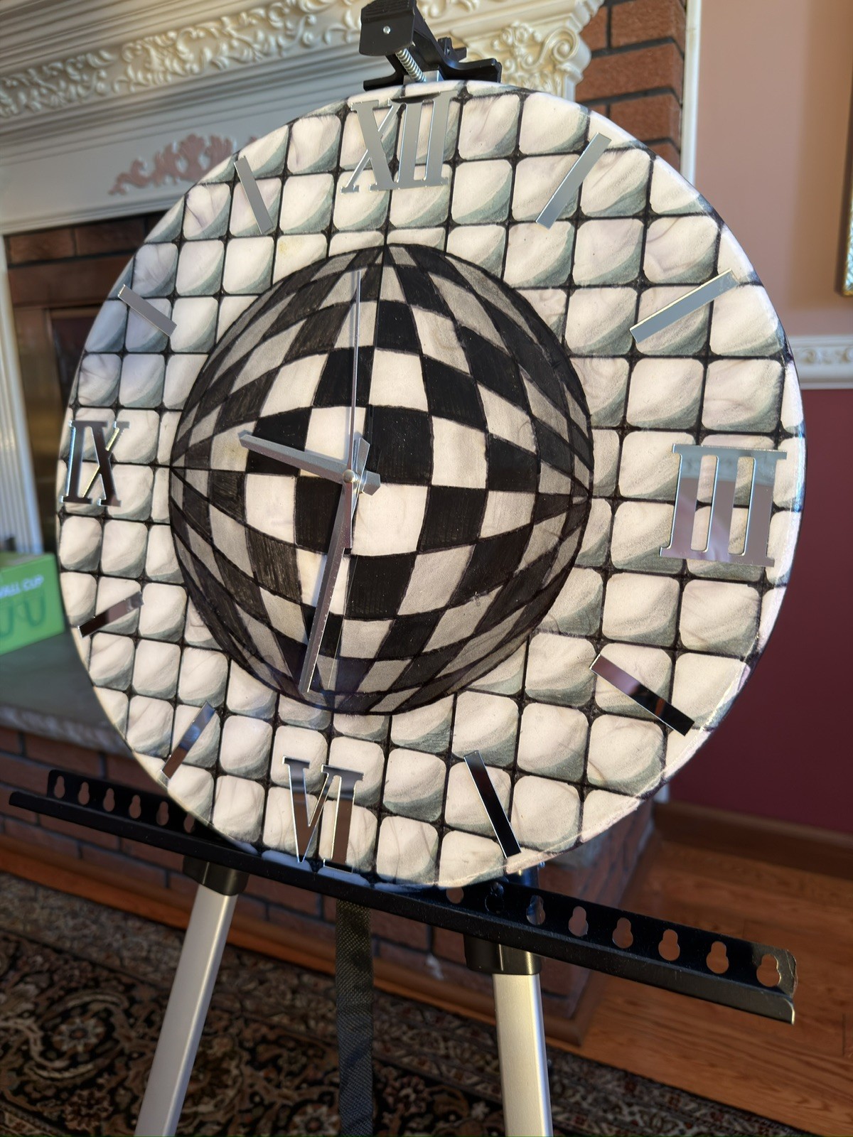 One of a Kind Handmade Resin Art Wall Clock Black White Optical Sphere Statement