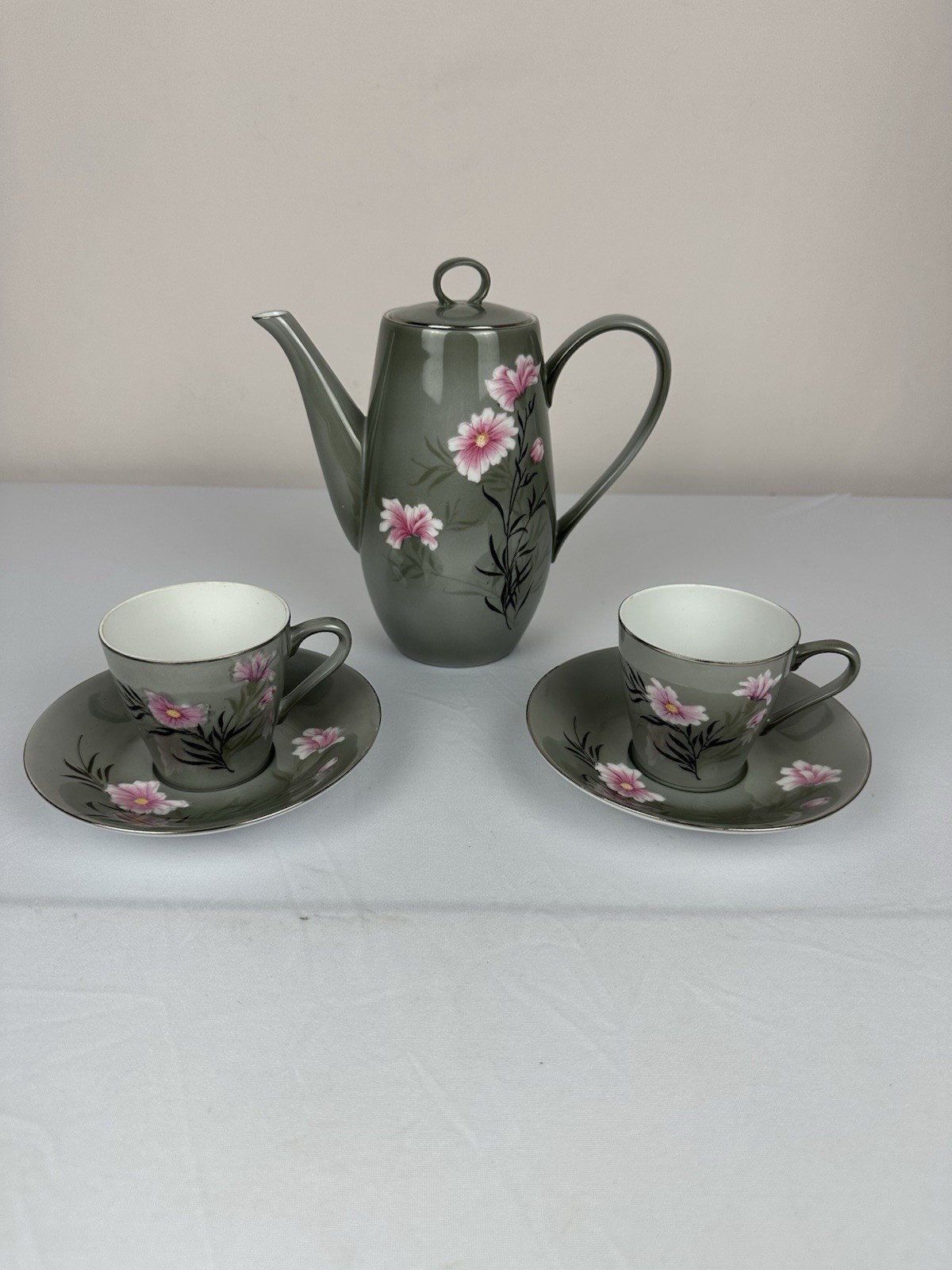 Vintage Chinese Porcelain Coffee Pot Set Greenish Gray Floral Pink Flowers Vintage Chinese Porcelain Coffee Pot Set Greenish Gray Floral Pink Flowers