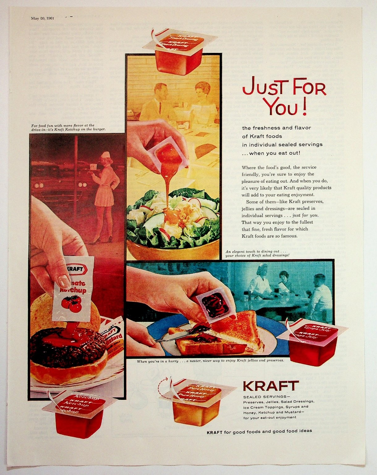 1961 Kraft Sealed Servings Ad Ketchup Honey Jelly Salad Dressing Vintage Print