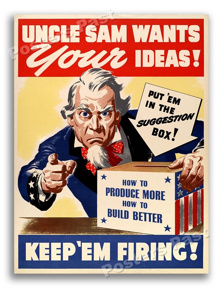 “Uncle Sam Wants Your Ideas” 1943 Vintage Style World War 2 Poster - 18x24