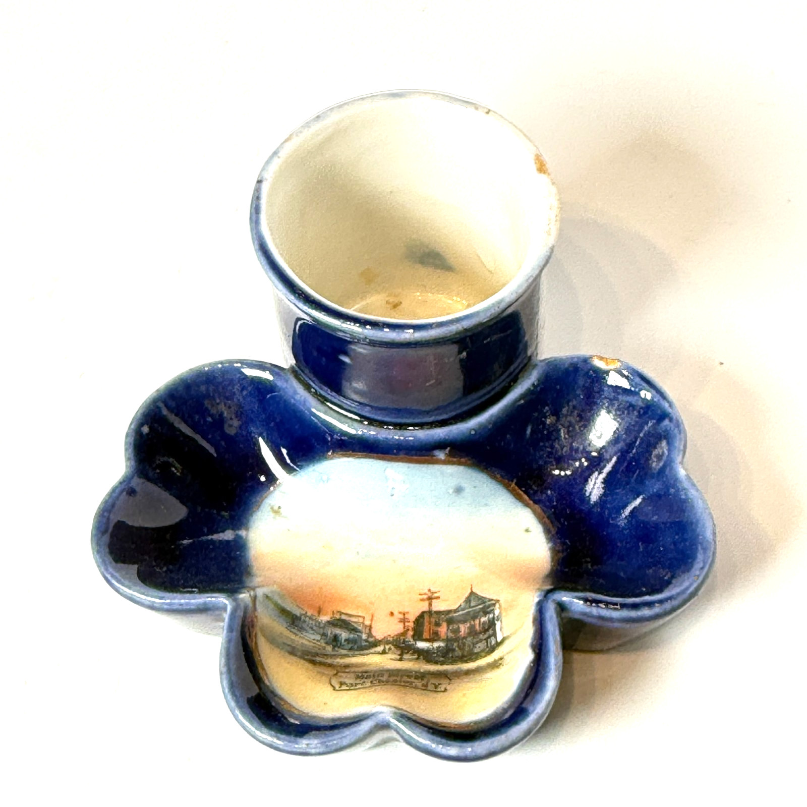 PORT CHESTER NY NEW YORK Souvenir Porcelain Cobalt Trinket CANDLE HOLDER