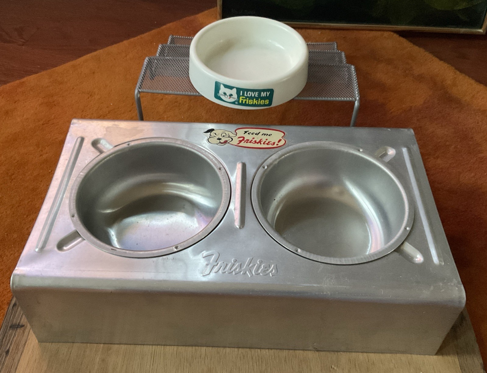 Vtg FRISKIES 2 - RARE Tin Dog Food Feeder Mail In Promo c. 1940’s & Cat Dish