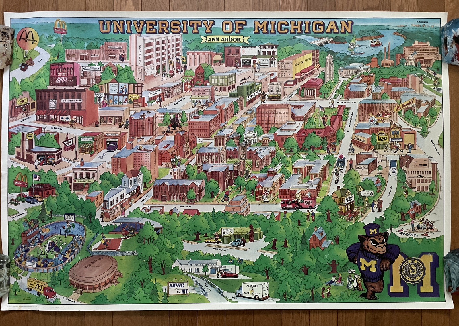  1981 Original Vintage Univ. of Michigan Ann Arbor Cartoon Map Travel Poster