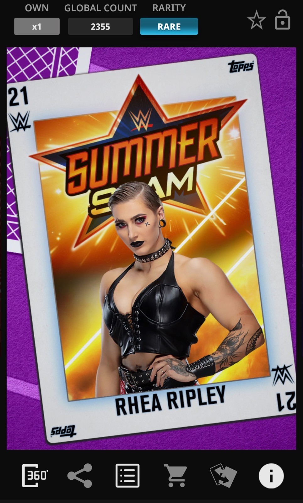 TOPPS WWE SLAM DIGITAL CARD 2021 RHEA RIPLEY RARE SUMMERSLAM PURPLE BASE