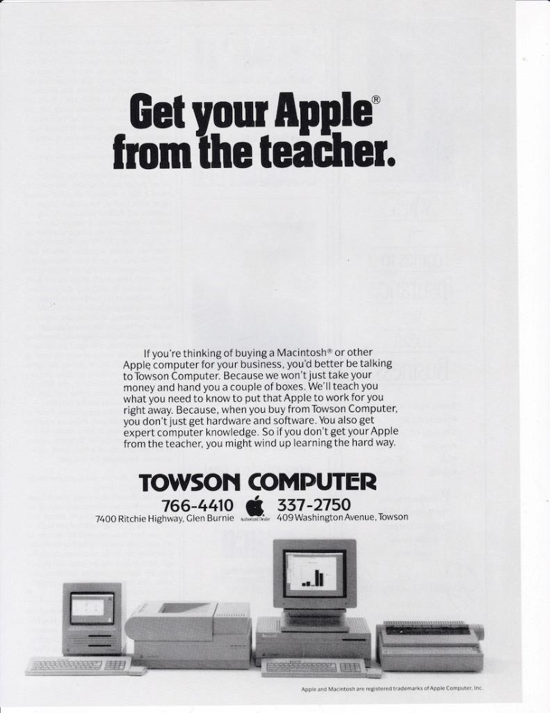 Rare 1988 Towson Computer Apple Computer Print-Ad / Macintosh Baltimore