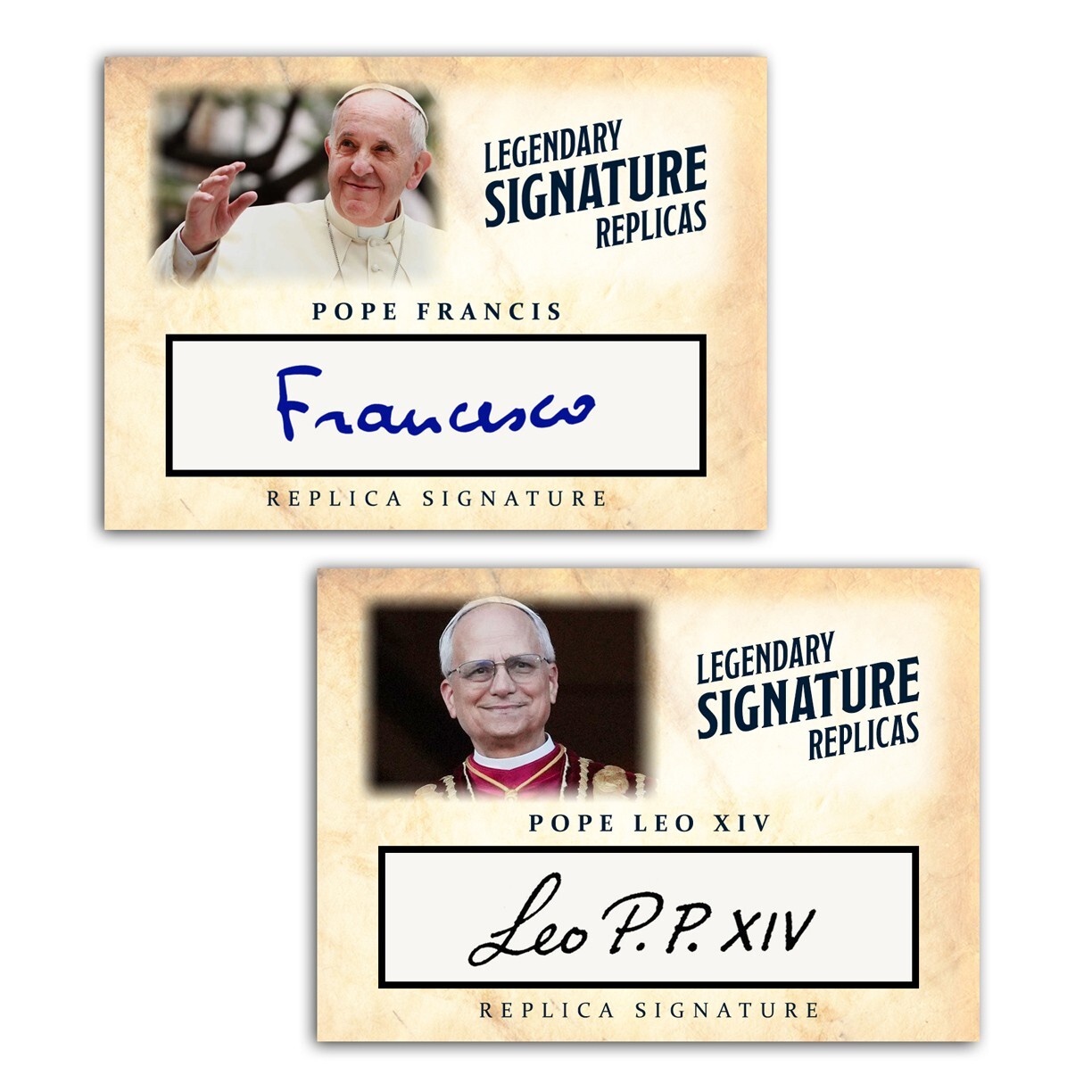 2 PACK Pope Leo XIV Pope Francis ACEO Replica Reprint Autograph Signature Cards