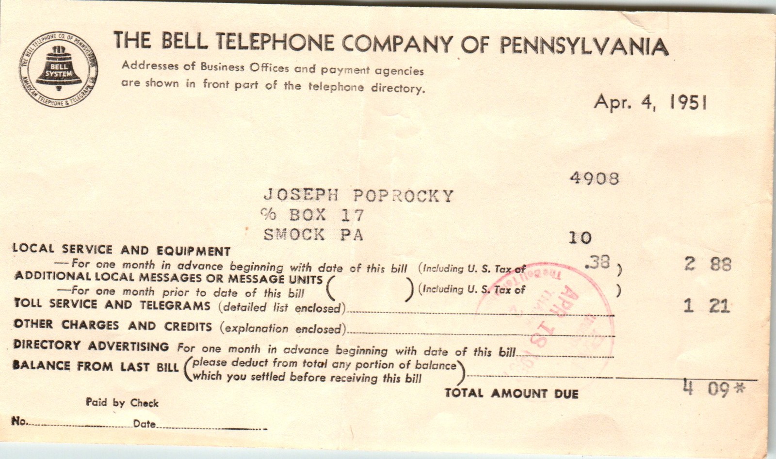 1951 Bell Telephone Company of Pennsylvania Vintage Phone Bill Collectible