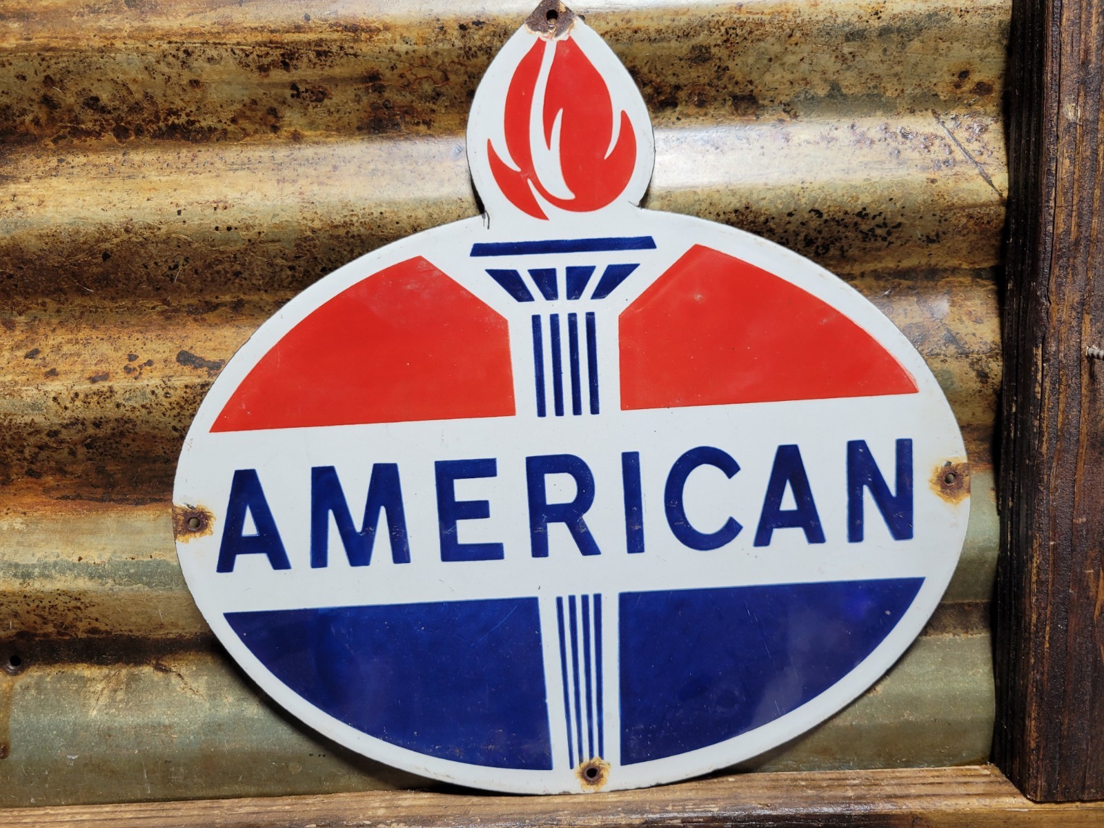 VINTAGE AMERICAN PORCELAIN SIGN OLD STANDARD GAS OIL DIECUT SERVCIE GARAGE TORCH