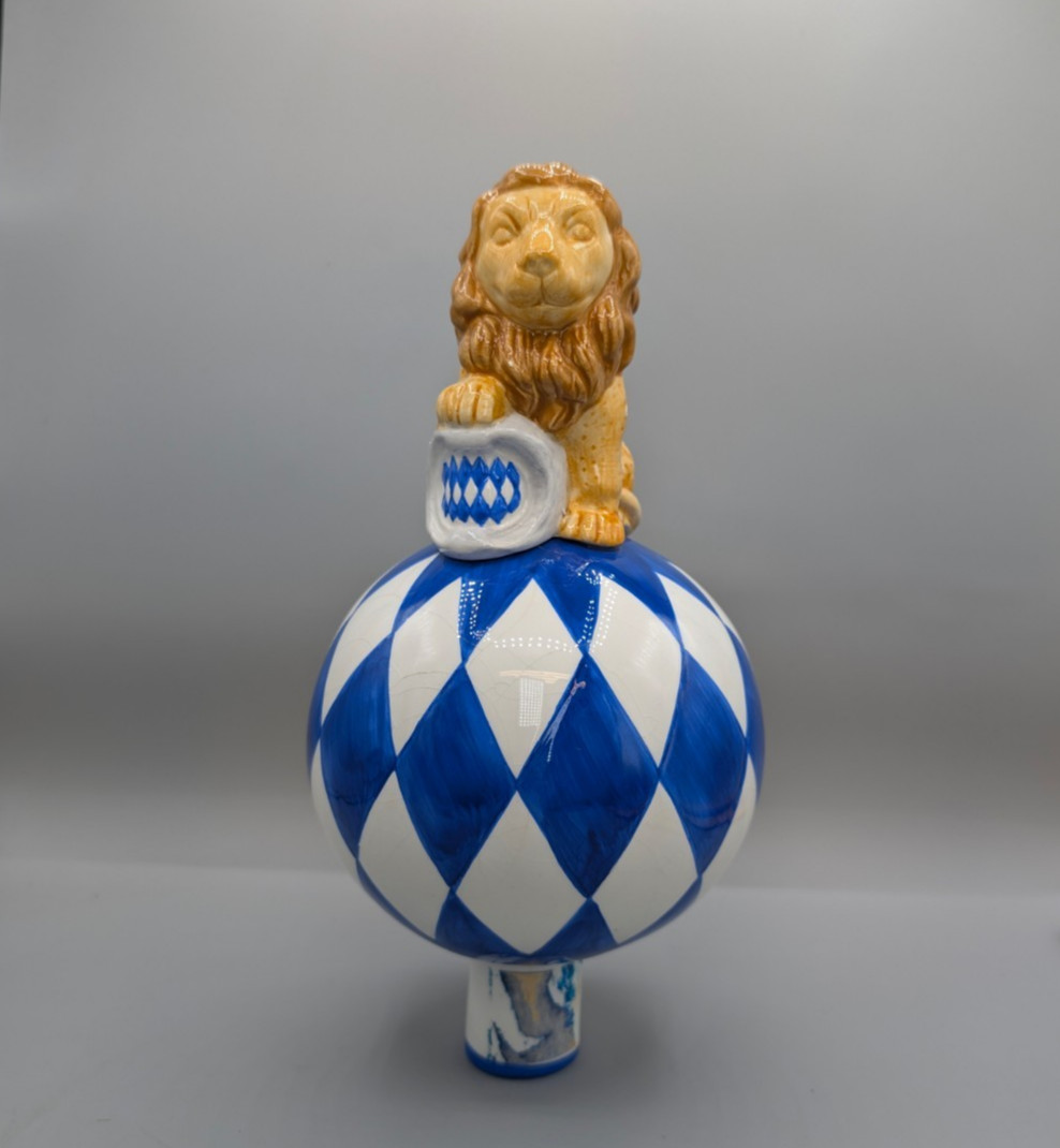 Vintage German Bavarian Lion Ceramic Christmas Tree Topper Blue & White Diamond