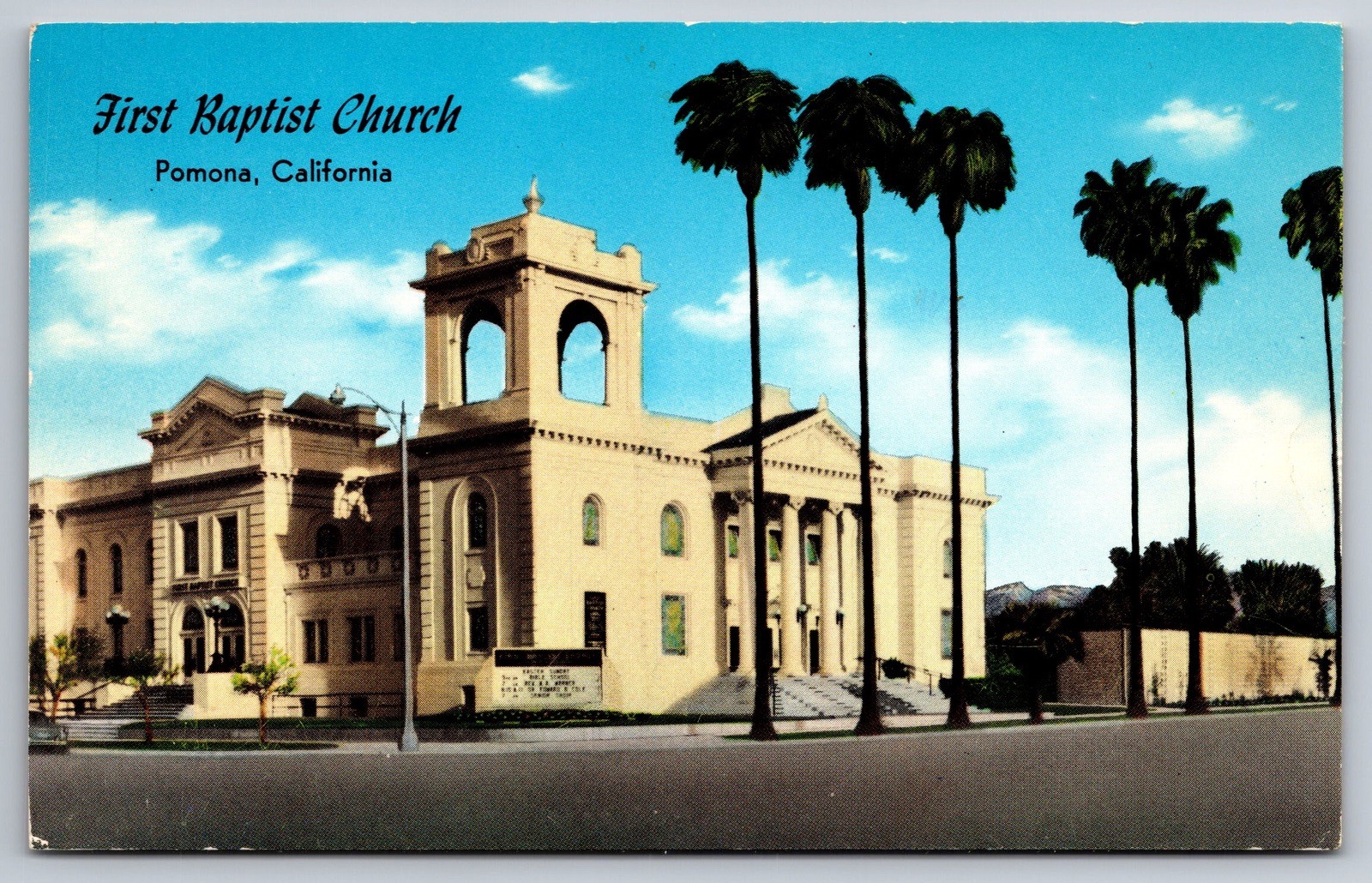 Postcard First Baptist Church Garey Ave Building Pomona California Palm