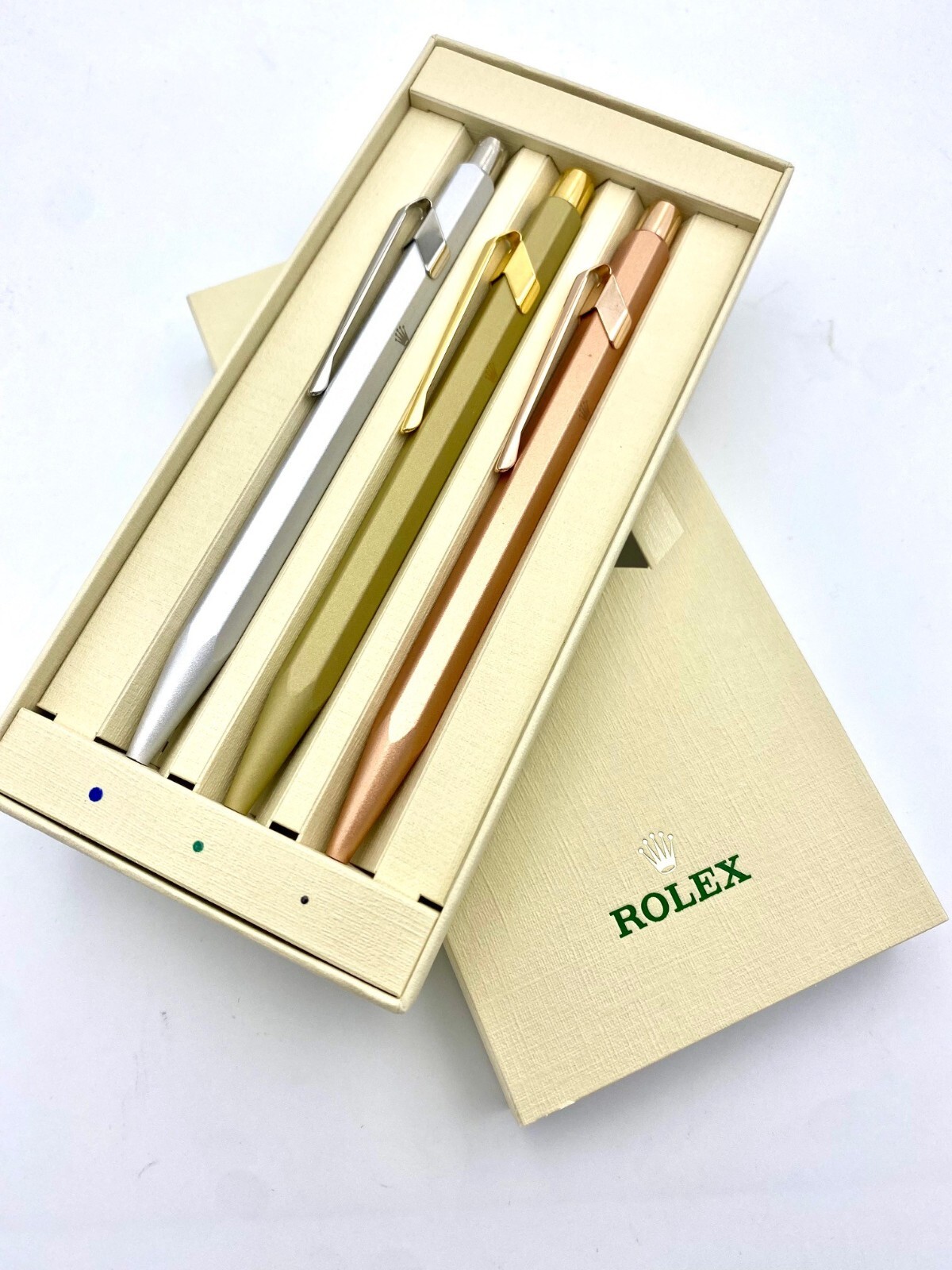 ROLEX Set of 3 pens CaranD\'Ache Swiss Made Collection Gold-Rose-Silver, NEW